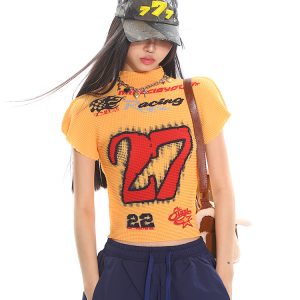 Motorcycle Street Hot Girl Digital Print Short Sleeve T-Shirt for Women - Summer Textured Fabric, High Elasticity, Y2K Style Top