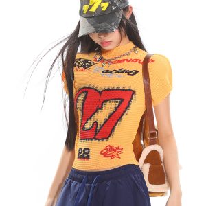 Motorcycle Street Hot Girl Digital Print Short Sleeve T-Shirt for Women - Summer Textured Fabric, High Elasticity, Y2K Style Top