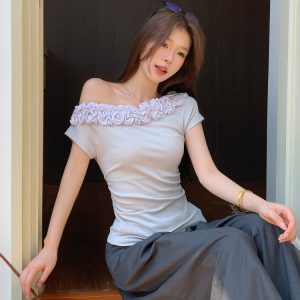 Multi-Layer Lace Off-Shoulder T-Shirt for Women - Short Sleeve Top, Trendy Niche Design, Perfect for Y2K and Casual Looks