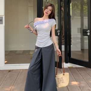 Multi-Layer Lace Off-Shoulder T-Shirt for Women - Short Sleeve Top, Trendy Niche Design, Perfect for Y2K and Casual Looks