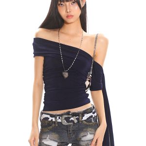 Multi-Way Slanted Shoulder One-Shoulder Top - Women's Summer Sparkling Mesh Vest, Trendy Y2K Style