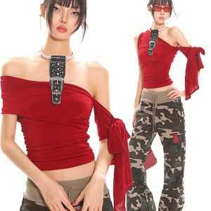 Multi-Way Slanted Shoulder One-Shoulder Top - Women's Summer Sparkling Mesh Vest, Trendy Y2K Style