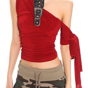 Multi-Way Slanted Shoulder One-Shoulder Top - Women's Summer Sparkling Mesh Vest, Trendy Y2K Style