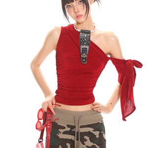 Multi-Way Slanted Shoulder One-Shoulder Top - Women's Summer Sparkling Mesh Vest, Trendy Y2K Style