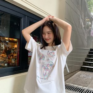 Mushroom Embroidery T-Shirt for Women, Spring/Summer 2025, Loose Fit, Slimming Round Neck, Pure Cotton, Casual Style