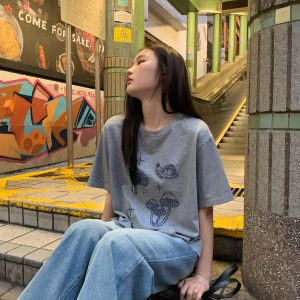 Mushroom Embroidery T-Shirt for Women, Spring/Summer 2025, Loose Fit, Slimming Round Neck, Pure Cotton, Casual Style