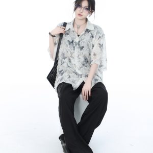 National Style Butterfly Embroidery Short Sleeve Shirt for Women, Loose Thin Summer Top, Design-Sensitive Fashion, Boho Chic