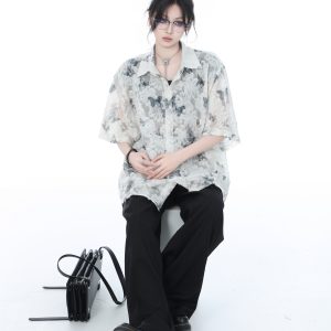 National Style Butterfly Embroidery Short Sleeve Shirt for Women, Loose Thin Summer Top, Design-Sensitive Fashion, Boho Chic