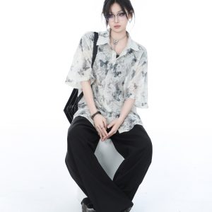 National Style Butterfly Embroidery Short Sleeve Shirt for Women, Loose Thin Summer Top, Design-Sensitive Fashion, Boho Chic