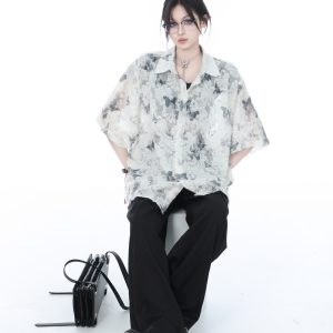 National Style Butterfly Embroidery Short Sleeve Shirt for Women, Loose Thin Summer Top, Design-Sensitive Fashion, Boho Chic