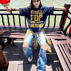 Navy Blue Heavyweight Women's Summer T-Shirt with Letter Print - Casual Loose Fit Pure Cotton Top for Trendy American Style