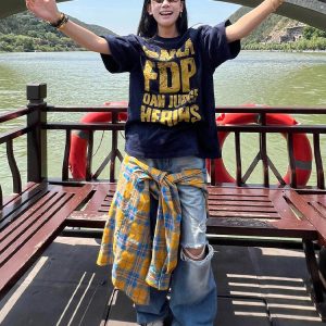 Navy Blue Heavyweight Women's Summer T-Shirt with Letter Print - Casual Loose Fit Pure Cotton Top for Trendy American Style