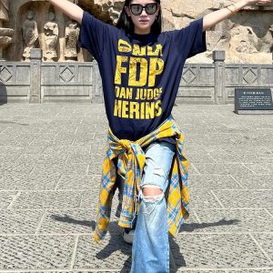 Navy Blue Heavyweight Women's Summer T-Shirt with Letter Print - Casual Loose Fit Pure Cotton Top for Trendy American Style