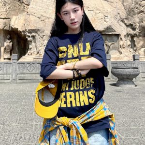 Navy Blue Heavyweight Women's Summer T-Shirt with Letter Print - Casual Loose Fit Pure Cotton Top for Trendy American Style