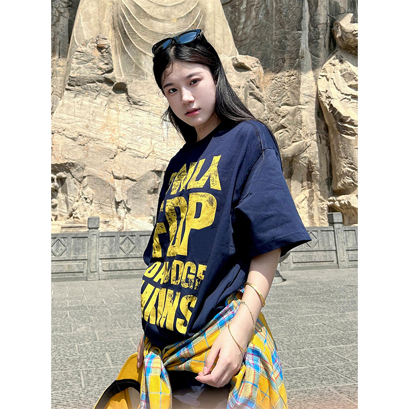 Navy Blue Heavyweight Women's Summer T-Shirt with Letter Print - Casual Loose Fit Pure Cotton Top for Trendy American Style