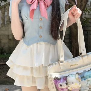 Navy Blue JK Uniform Sailor Suit with Pink Short Sleeve Top & Skirt Set - Women's College Style Pudding Bear Inspired Fashion