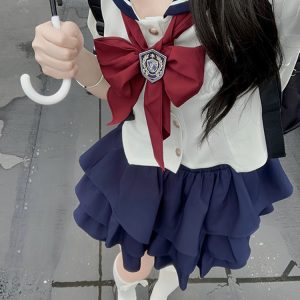 Navy Blue JK Uniform Sailor Suit with Pink Short Sleeve Top & Skirt Set - Women's College Style Pudding Bear Inspired Fashion