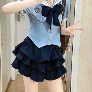 Navy Blue JK Uniform Sailor Suit with Pink Short Sleeve Top & Skirt Set - Women's College Style Pudding Bear Inspired Fashion