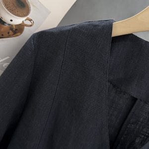 Navy Blue Minimalist Linen Short Sleeve Coat for Women - Vintage Light Luxury Summer 2025 Fashion Top