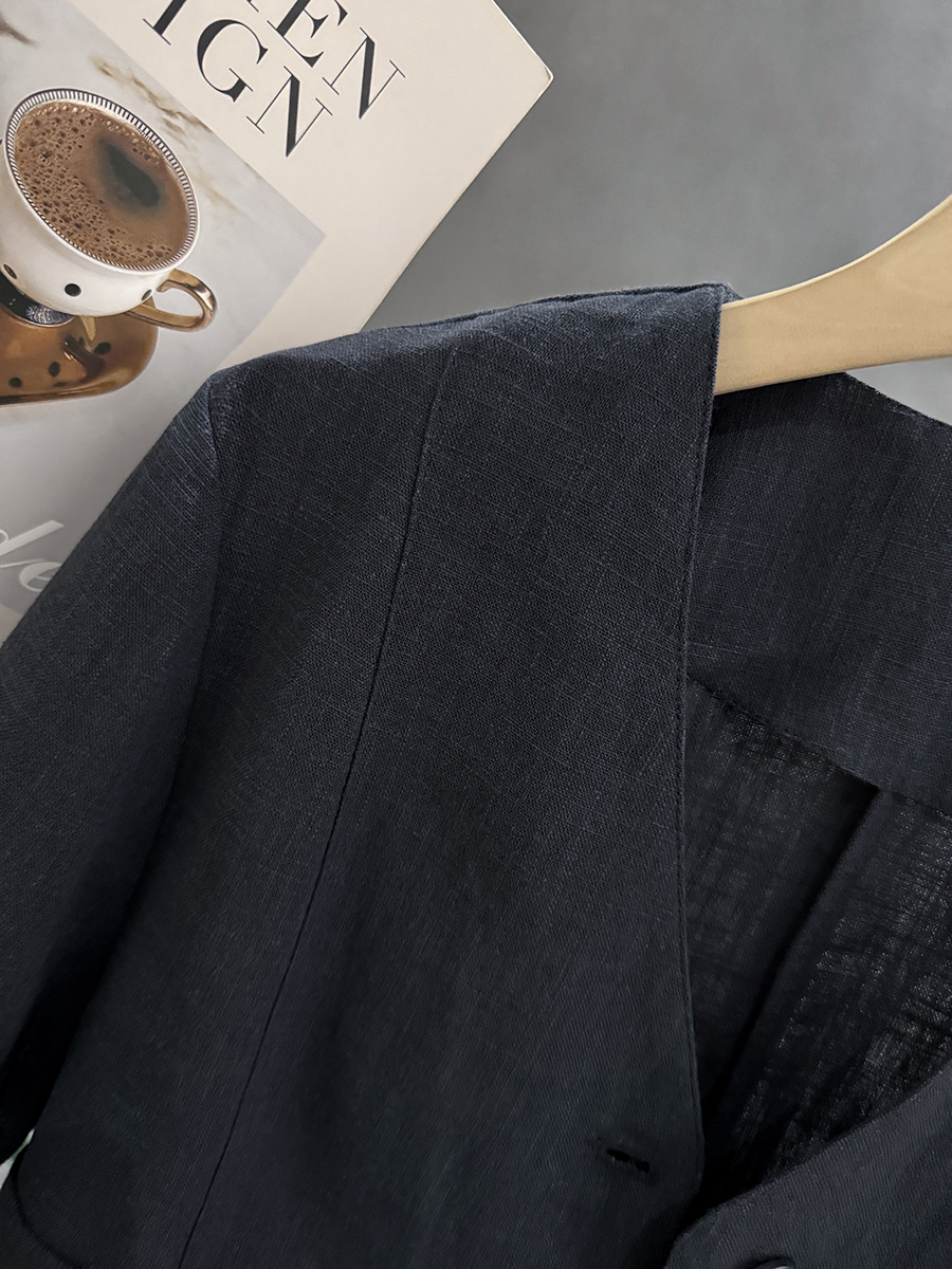 Navy Blue Minimalist Linen Short Sleeve Coat for Women - Vintage Light Luxury Summer 2025 Fashion Top Navy Blue Minimalist Linen Short Sleeve Coat for Women - Vintage Light Luxury Summer 2025 Fashion Top