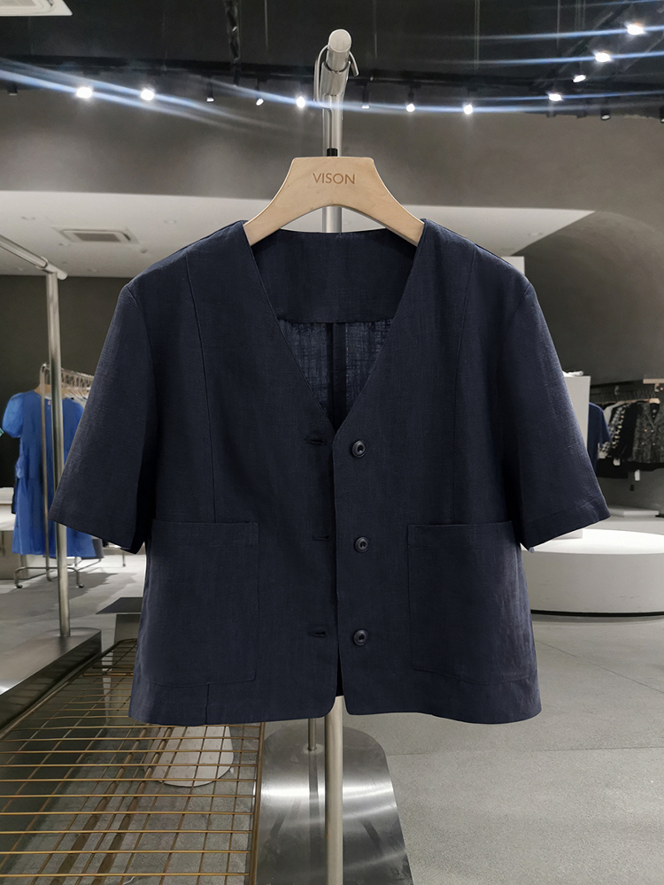 Navy Blue Minimalist Linen Short Sleeve Coat for Women - Vintage Light Luxury Summer 2025 Fashion Top Navy Blue Minimalist Linen Short Sleeve Coat for Women - Vintage Light Luxury Summer 2025 Fashion Top