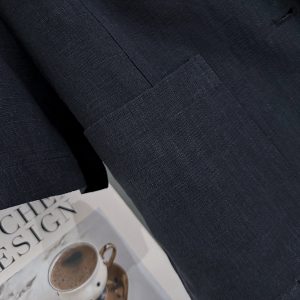 Navy Blue Minimalist Linen Short Sleeve Coat for Women - Vintage Light Luxury Summer 2025 Fashion Top