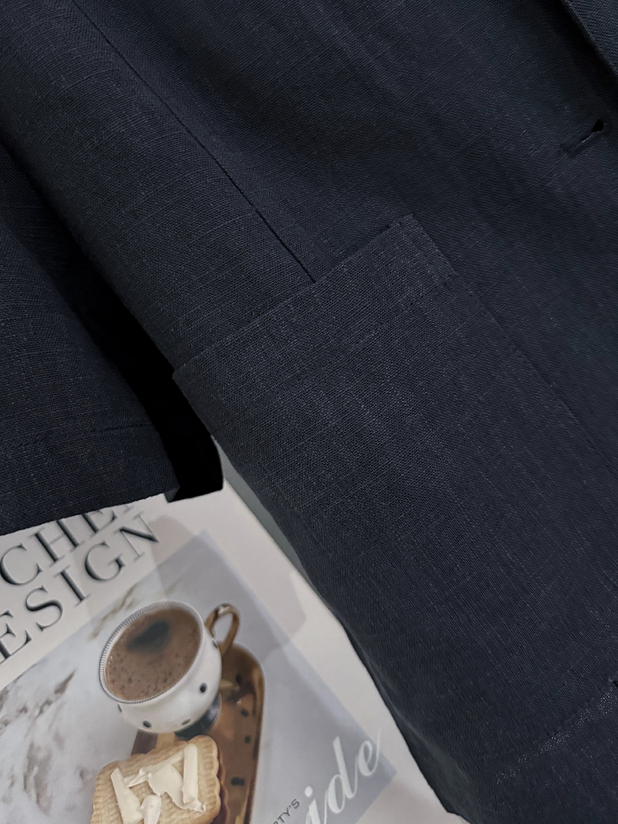 Navy Blue Minimalist Linen Short Sleeve Coat for Women - Vintage Light Luxury Summer 2025 Fashion Top Navy Blue Minimalist Linen Short Sleeve Coat for Women - Vintage Light Luxury Summer 2025 Fashion Top