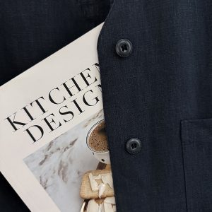 Navy Blue Minimalist Linen Short Sleeve Coat for Women - Vintage Light Luxury Summer 2025 Fashion Top