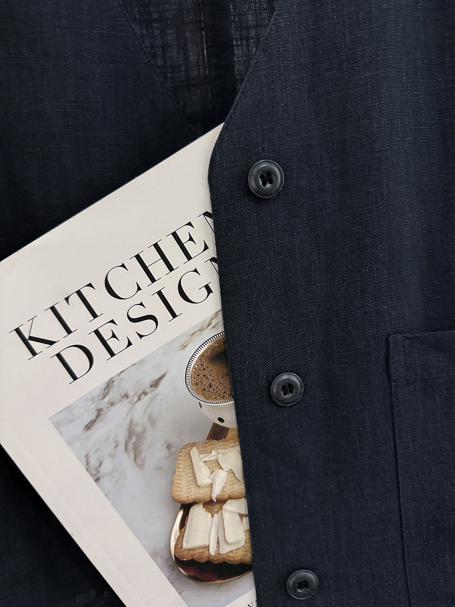 Navy Blue Minimalist Linen Short Sleeve Coat for Women - Vintage Light Luxury Summer 2025 Fashion Top Navy Blue Minimalist Linen Short Sleeve Coat for Women - Vintage Light Luxury Summer 2025 Fashion Top