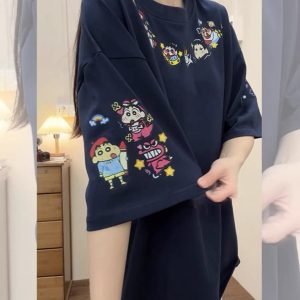 Navy Blue Oversized Crayon Shin-chan Short Sleeve T-Shirt for Women, Cute Cartoon Summer Top, Trendy Y2K Style