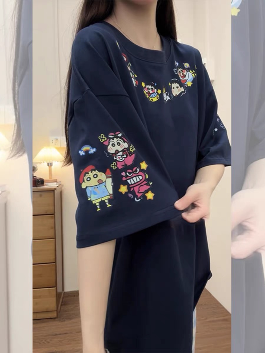 Navy Blue Oversized Crayon Shin-chan Short Sleeve T-Shirt for Women, Cute Cartoon Summer Top, Trendy Y2K Style Navy Blue Oversized Crayon Shin-chan Short Sleeve T-Shirt for Women, Cute Cartoon Summer Top, Trendy Y2K Style