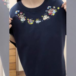 Navy Blue Oversized Crayon Shin-chan Short Sleeve T-Shirt for Women, Cute Cartoon Summer Top, Trendy Y2K Style