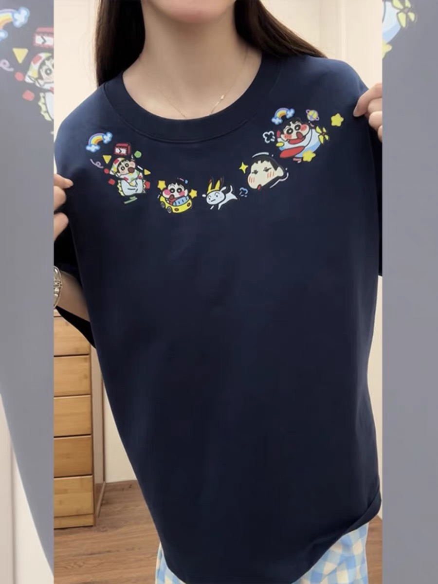 Navy Blue Oversized Crayon Shin-chan Short Sleeve T-Shirt for Women, Cute Cartoon Summer Top, Trendy Y2K Style Navy Blue Oversized Crayon Shin-chan Short Sleeve T-Shirt for Women, Cute Cartoon Summer Top, Trendy Y2K Style