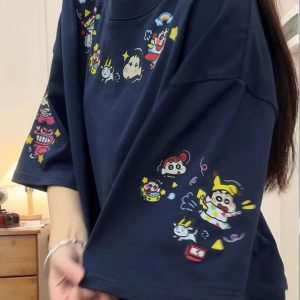 Navy Blue Oversized Crayon Shin-chan Short Sleeve T-Shirt for Women, Cute Cartoon Summer Top, Trendy Y2K Style