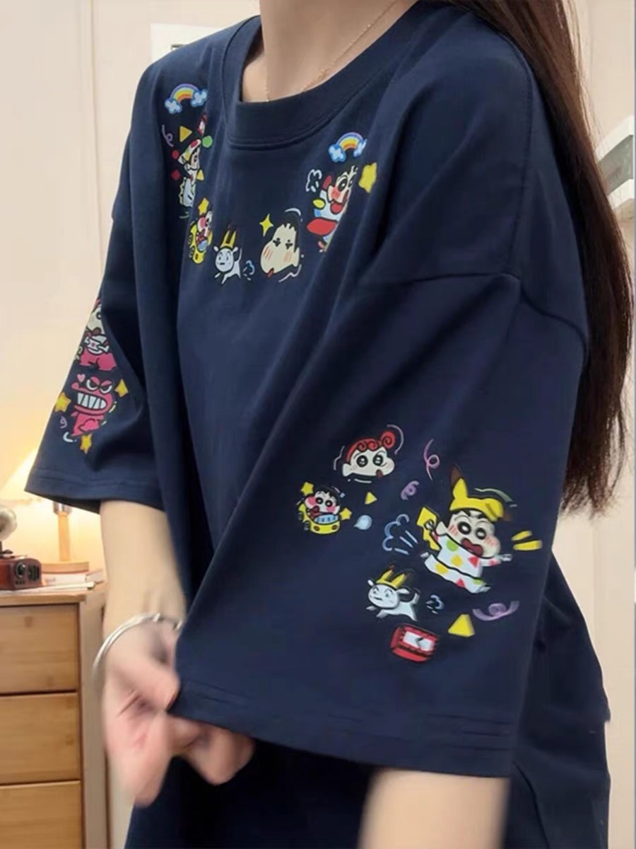 Navy Blue Oversized Crayon Shin-chan Short Sleeve T-Shirt for Women, Cute Cartoon Summer Top, Trendy Y2K Style Navy Blue Oversized Crayon Shin-chan Short Sleeve T-Shirt for Women, Cute Cartoon Summer Top, Trendy Y2K Style