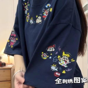 Navy Blue Oversized Crayon Shin-chan Short Sleeve T-Shirt for Women, Cute Cartoon Summer Top, Trendy Y2K Style