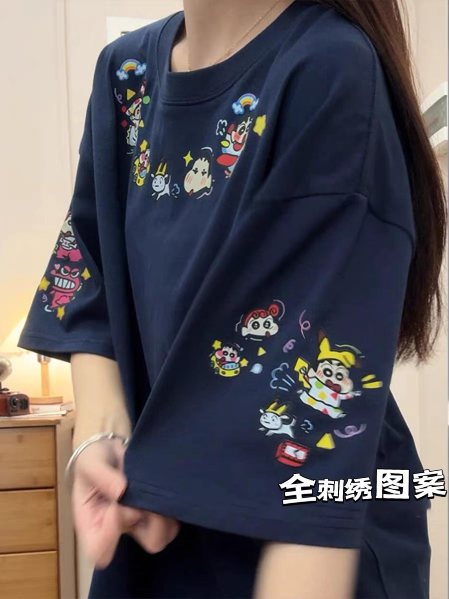 Navy Blue Oversized Crayon Shin-chan Short Sleeve T-Shirt for Women, Cute Cartoon Summer Top, Trendy Y2K Style Navy Blue Oversized Crayon Shin-chan Short Sleeve T-Shirt for Women, Cute Cartoon Summer Top, Trendy Y2K Style
