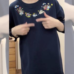 Navy Blue Oversized Crayon Shin-chan Short Sleeve T-Shirt for Women, Cute Cartoon Summer Top, Trendy Y2K Style