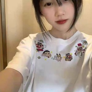 Navy Blue Oversized Crayon Shin-chan Short Sleeve T-Shirt for Women, Cute Cartoon Summer Top, Trendy Y2K Style