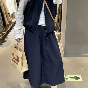 Navy Blue Plus Size A-Line Long Skirt for Women - Slimming, Tummy-Covering Summer Style, 2025 Trendy Fashion