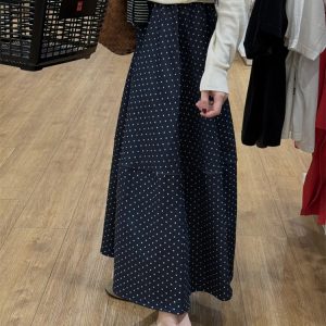 Navy Blue Polka Dot Plus Size Midi Skirt for Women - Flattering A-Line Patchwork Design, Summer 2025, Perfect for Curvy Figures