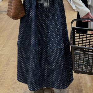 Navy Blue Polka Dot Plus Size Midi Skirt for Women - Flattering A-Line Patchwork Design, Summer 2025, Perfect for Curvy Figures