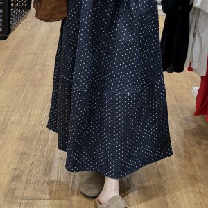 Navy Blue Polka Dot Plus Size Midi Skirt for Women - Flattering A-Line Patchwork Design, Summer 2025, Perfect for Curvy Figures