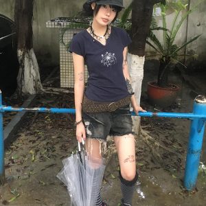 Navy Blue Short Sleeve V-Neck Rhinestone Spicy Girl Top with Ruffled Edges - Fitted Summer Style