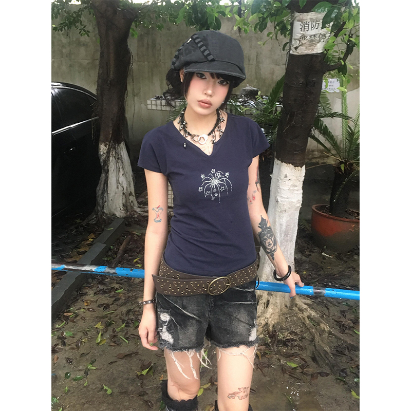 Navy Blue Short Sleeve V-Neck Rhinestone Spicy Girl Top with Ruffled Edges - Fitted Summer Style
