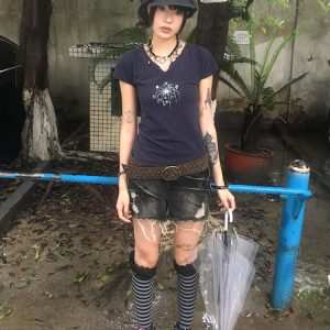 Navy Blue Short Sleeve V-Neck Rhinestone Spicy Girl Top with Ruffled Edges - Fitted Summer Style