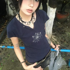 Navy Blue Short Sleeve V-Neck Rhinestone Spicy Girl Top with Ruffled Edges - Fitted Summer Style