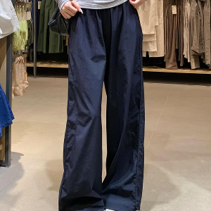 Navy Blue Wide-Leg Straight-Leg Work Pants for Women - Retro Casual Summer Sports Trousers