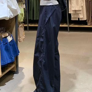 Navy Blue Wide-Leg Straight-Leg Work Pants for Women - Retro Casual Summer Sports Trousers