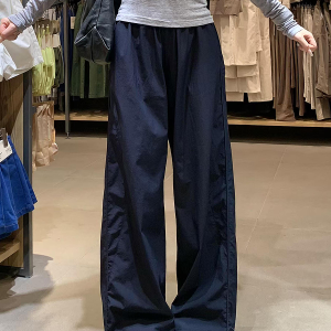 Navy Blue Wide-Leg Straight-Leg Work Pants for Women - Retro Casual Summer Sports Trousers